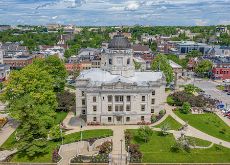 Aerial view of courthouse in Bloomington Indiana