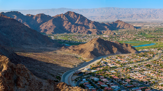 Aerial View of La Quinta, CA surrounded by mountains