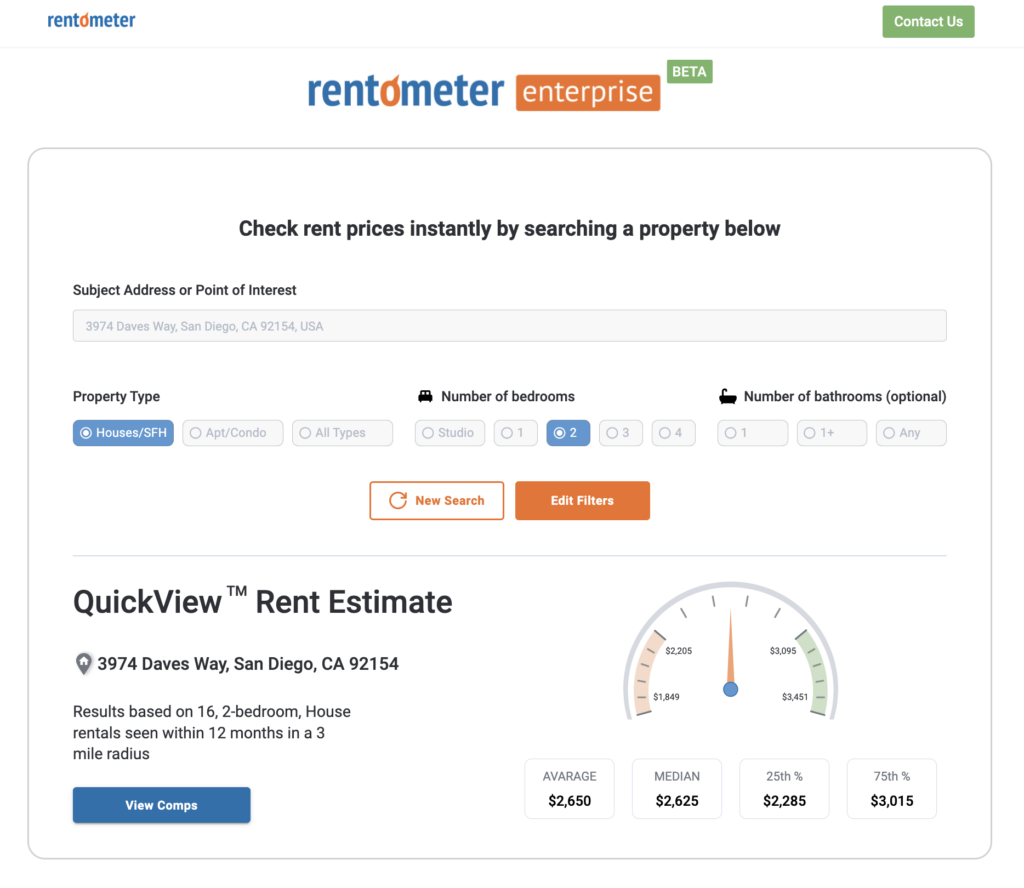 A view of the QuickView Rent Estimate provided by Rentometer Pro Enterprise subscription.