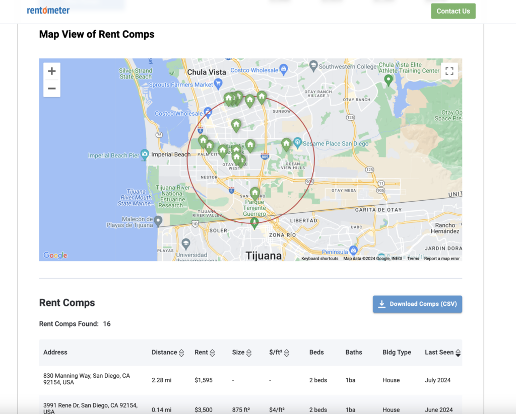 A view of the rent comps provided by Rentometer Pro Enterprise subscription.